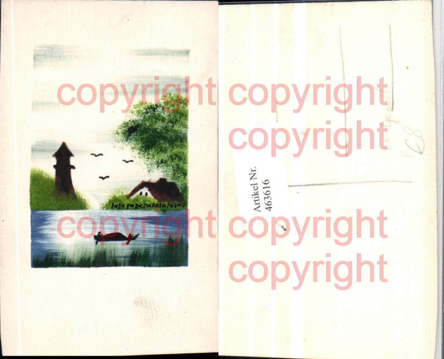 463616, Artist AK Hand-painted Landscape Lake Tower