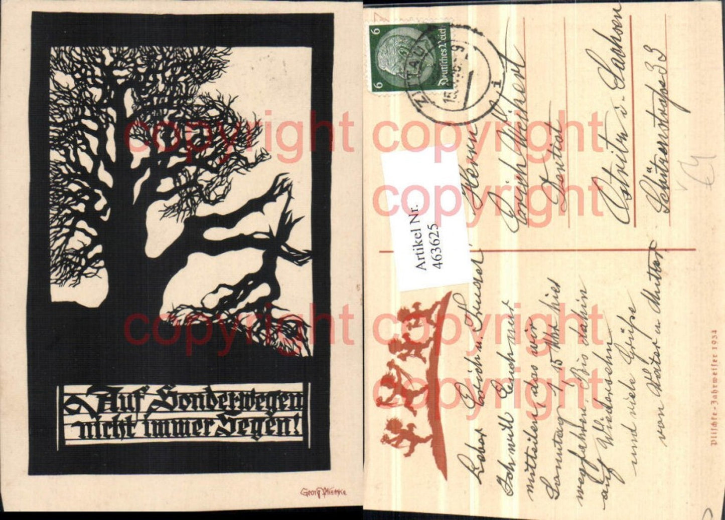 463625,Künstler AK Scherenschnitt Silhouette Georg Plischke Baum Spruch