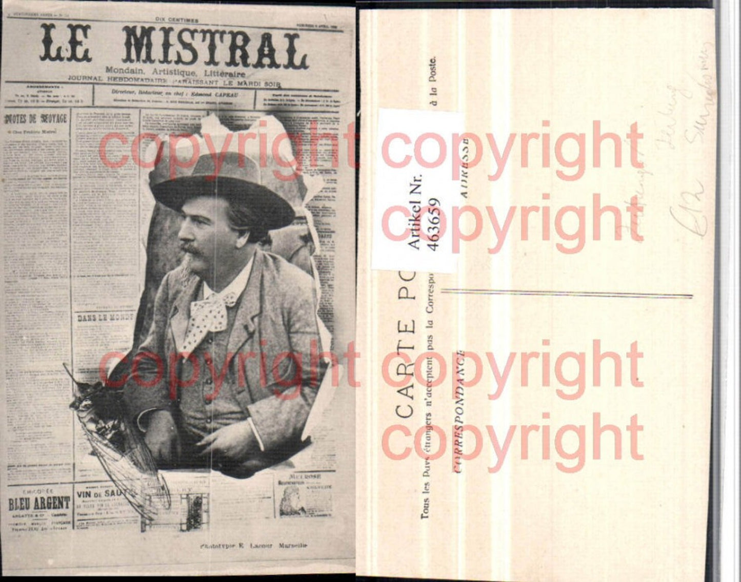 463659,Zeitungs AK Fotomontage Surrealismus Zeitung Mann m. Hut Le Mistral