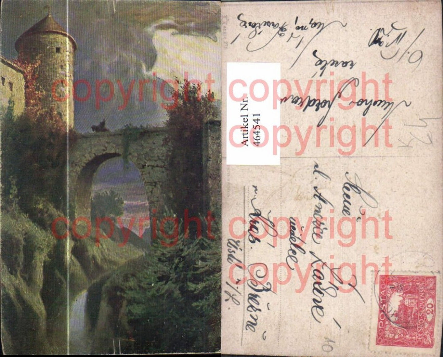 464541,Künstler Ak Burg Brücke Reiter Pferd