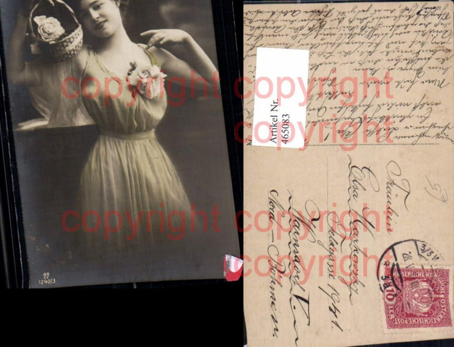 465083,Frau Edwardian Girl Korb m. Blumen Rosen Beauty photo Postcard