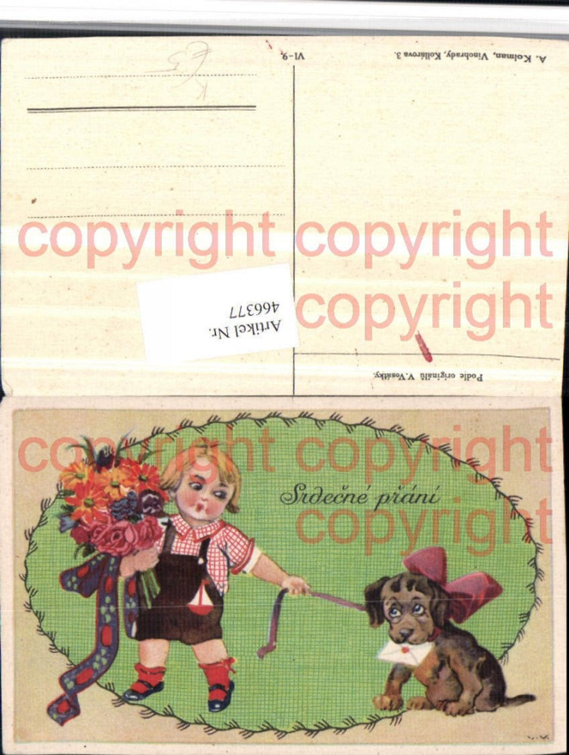466377,Künstler AK V. Vosatky Kind Blumenstrauß Hund Brief
