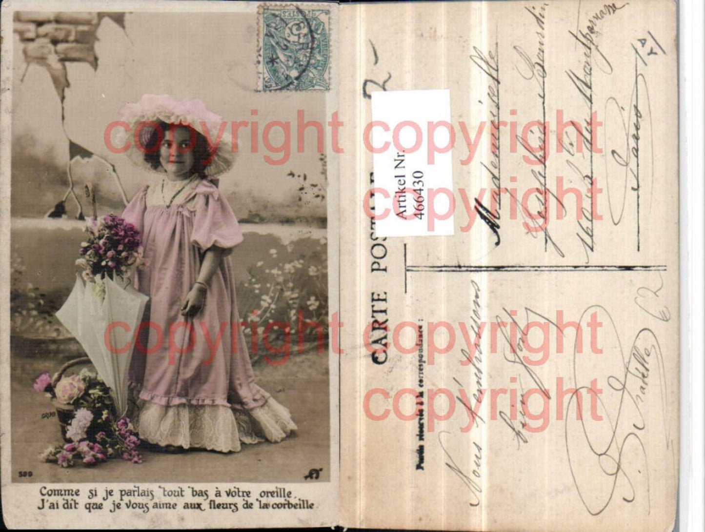 466430, Child girl with dress, hat, umbrella, flowers
