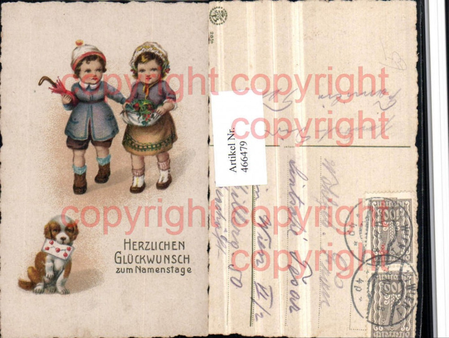 466479,Künstler AK Namenstag Kinder Schirm Hund Brief