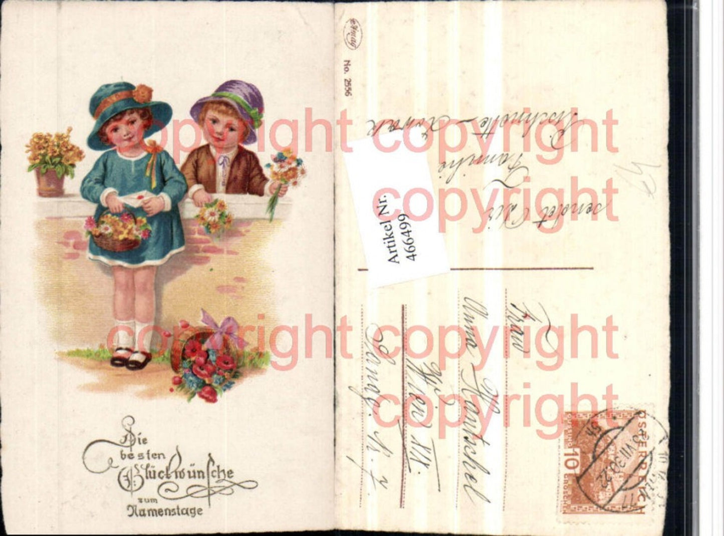 466499,Künstler AK Namenstag Kinder Steinmauer Blumen