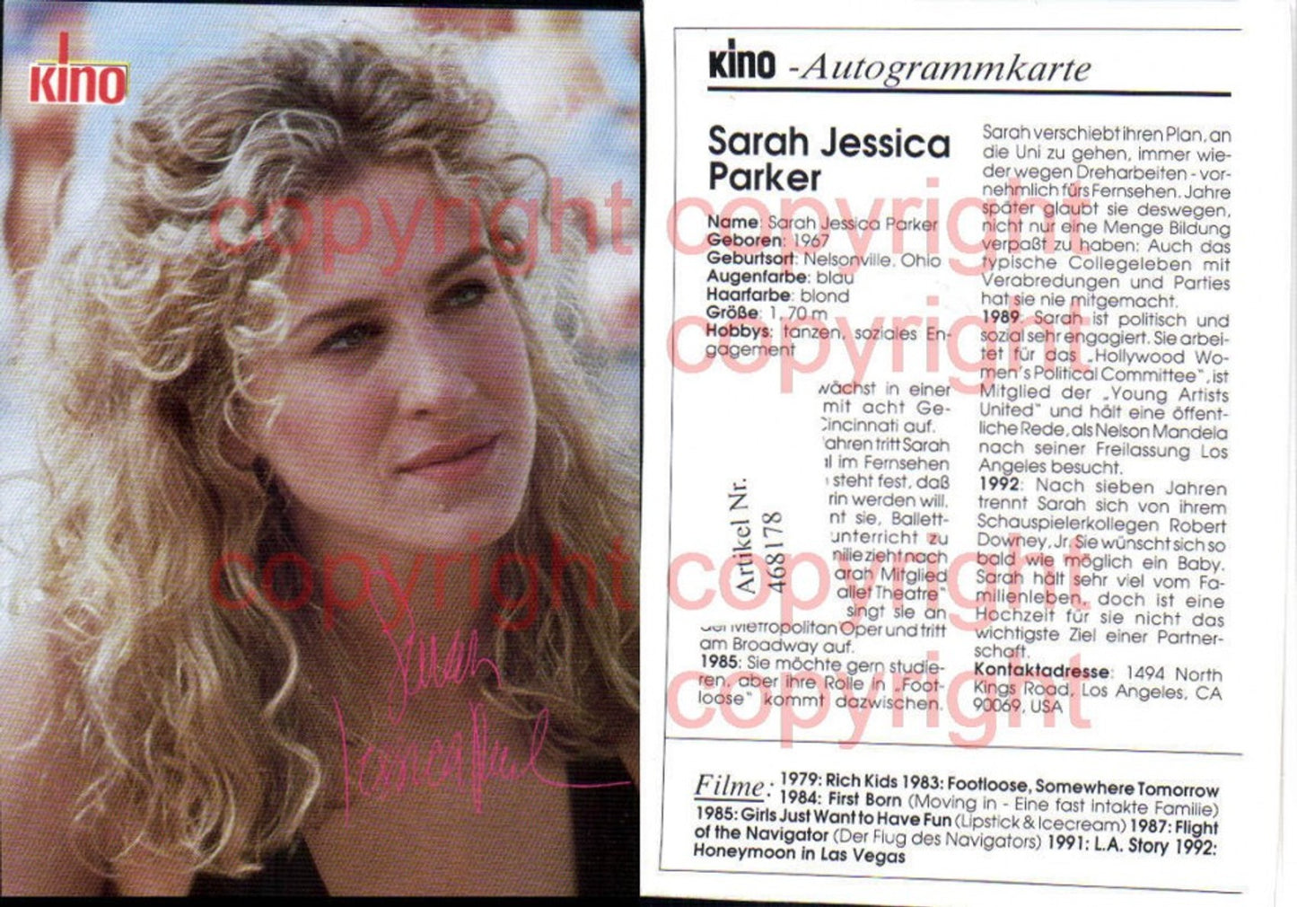 468178,Schauspielerin Sarah Jessica Parker Autogrammkarte Autogramm