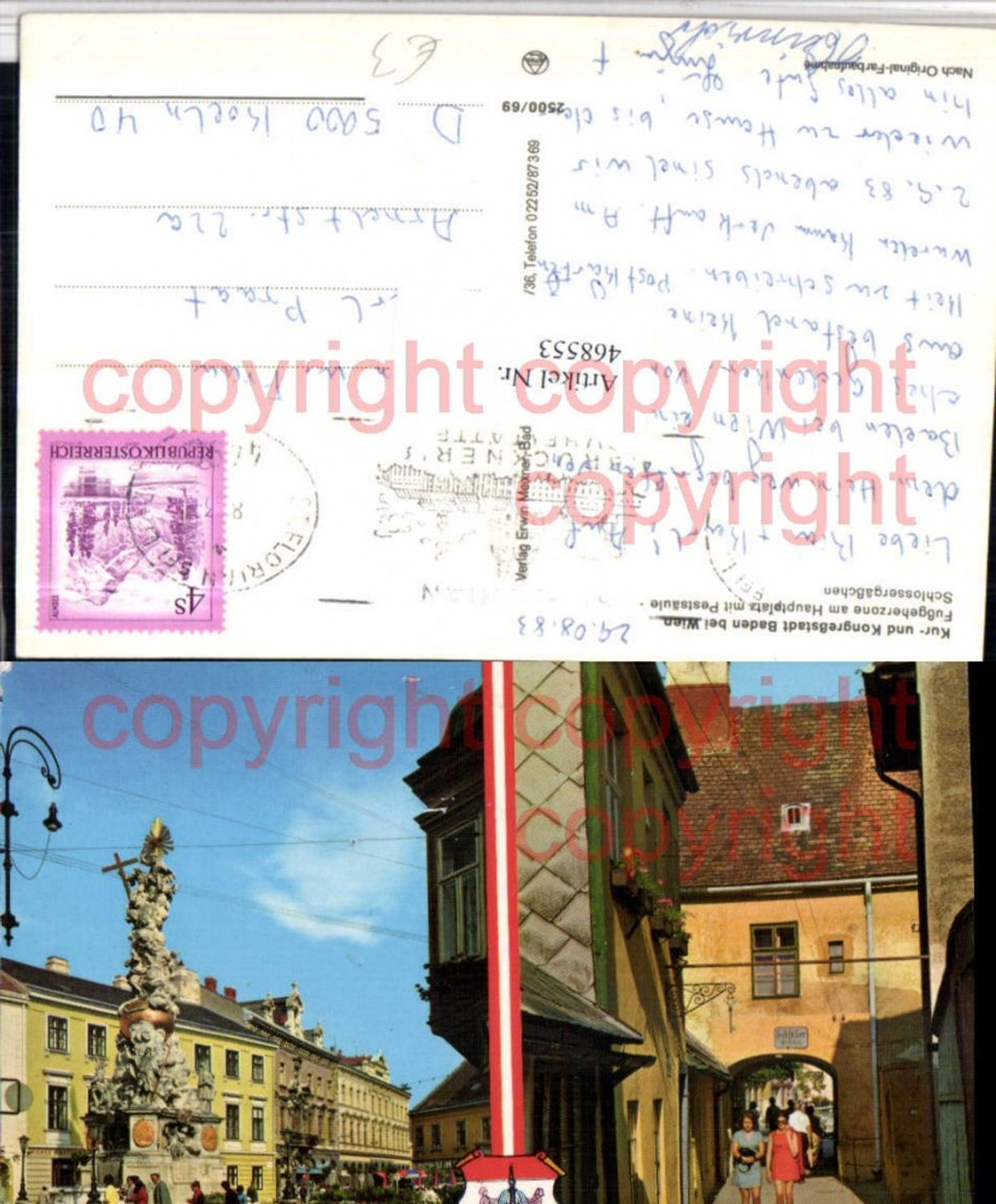 468553,Baden b. Wien Hauptplatz m. Pestsäule Gasse Mehrbildkarte