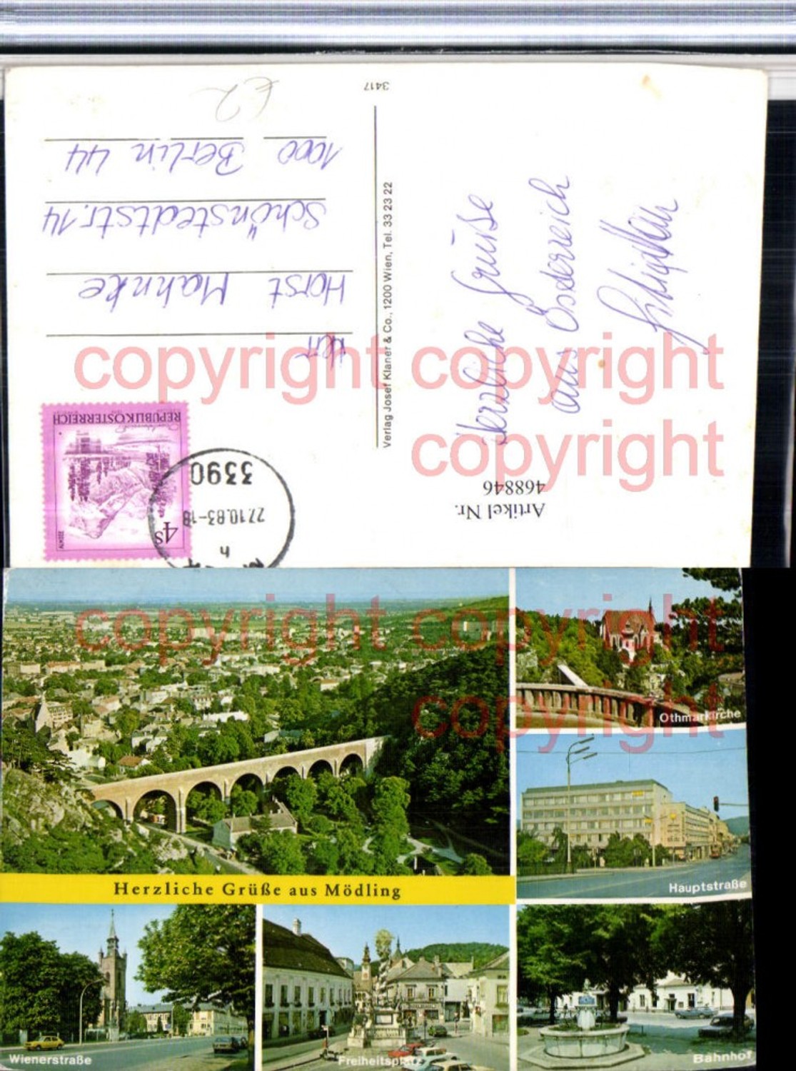 468846,Mödling Totale Aquädukt Kirche Bahnhof Pestsäule Mehrbildkarte