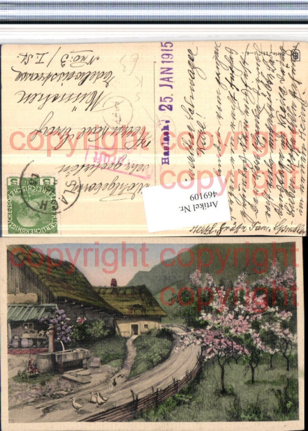 469109,Künstler AK Landschaft Haus Brunnen Baumblüte Haslach Stempel