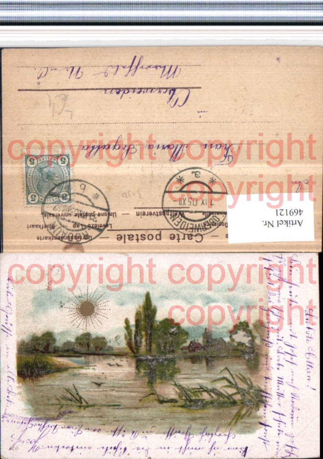 469121,Künstler Litho Landschaft Teich Sonne