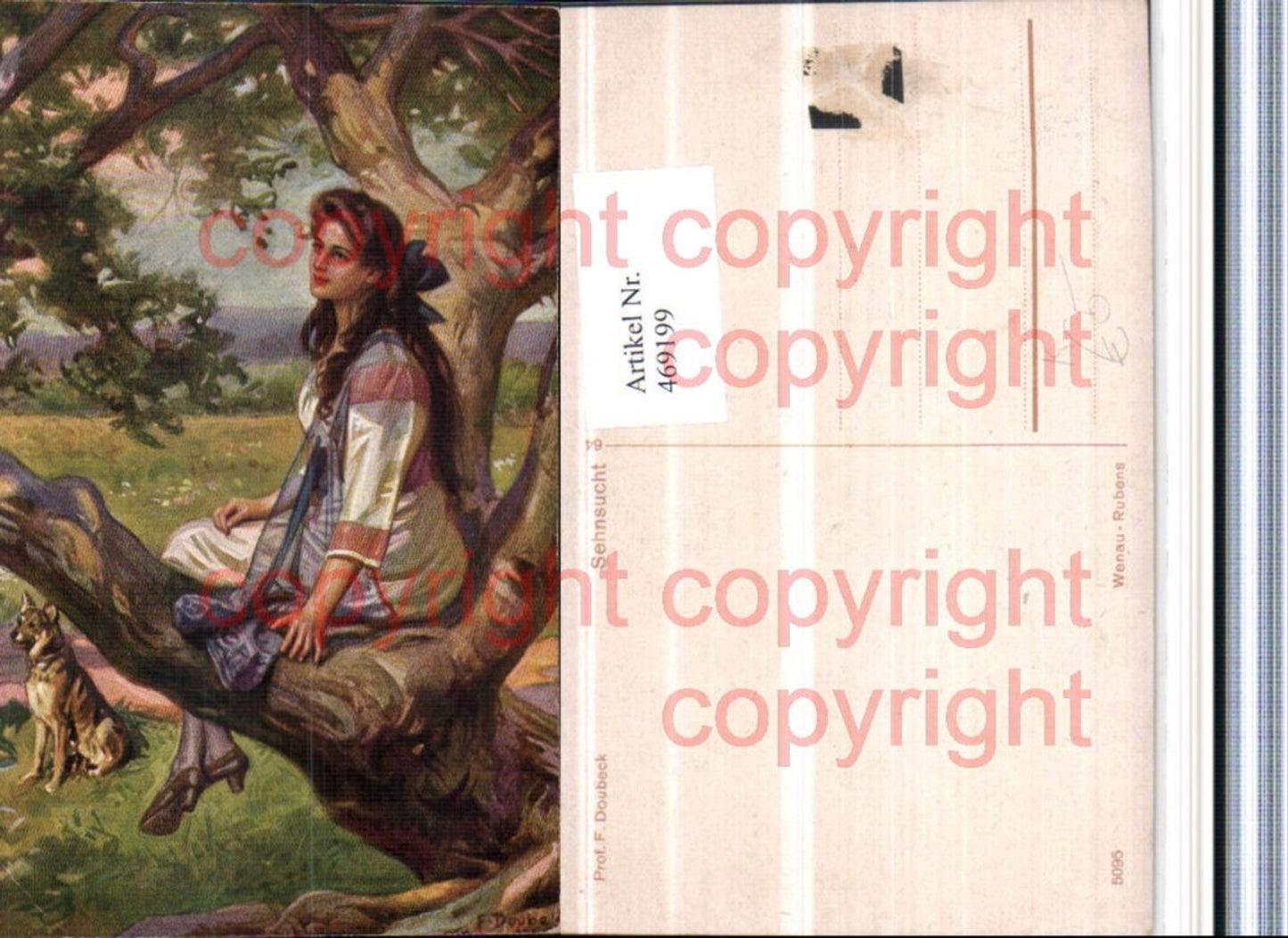 469199,Künstler AK F. Doubeck Sehnsucht Frau Kleid Baum Hund