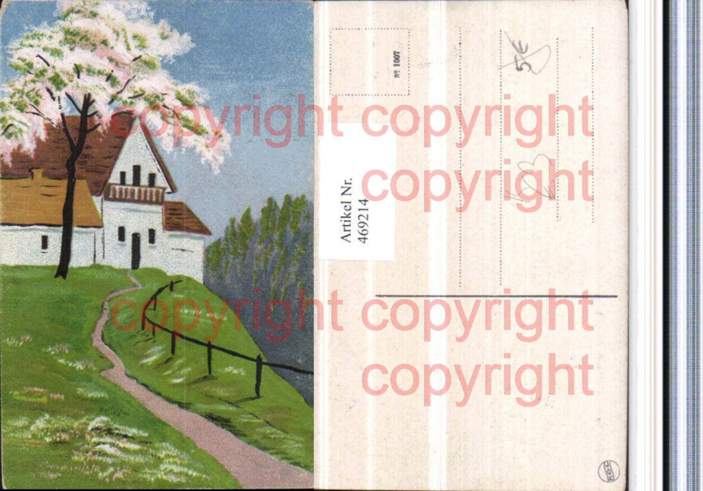 469214,Künstler AK Landschaft Haus Baumblüte
