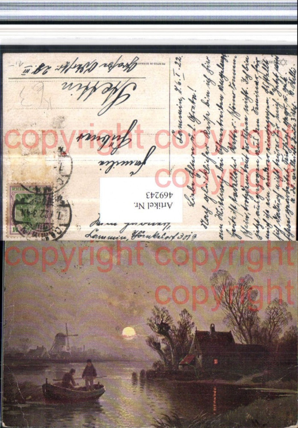 469243,Künstler AK Landschaft Ruderboot Windmühle