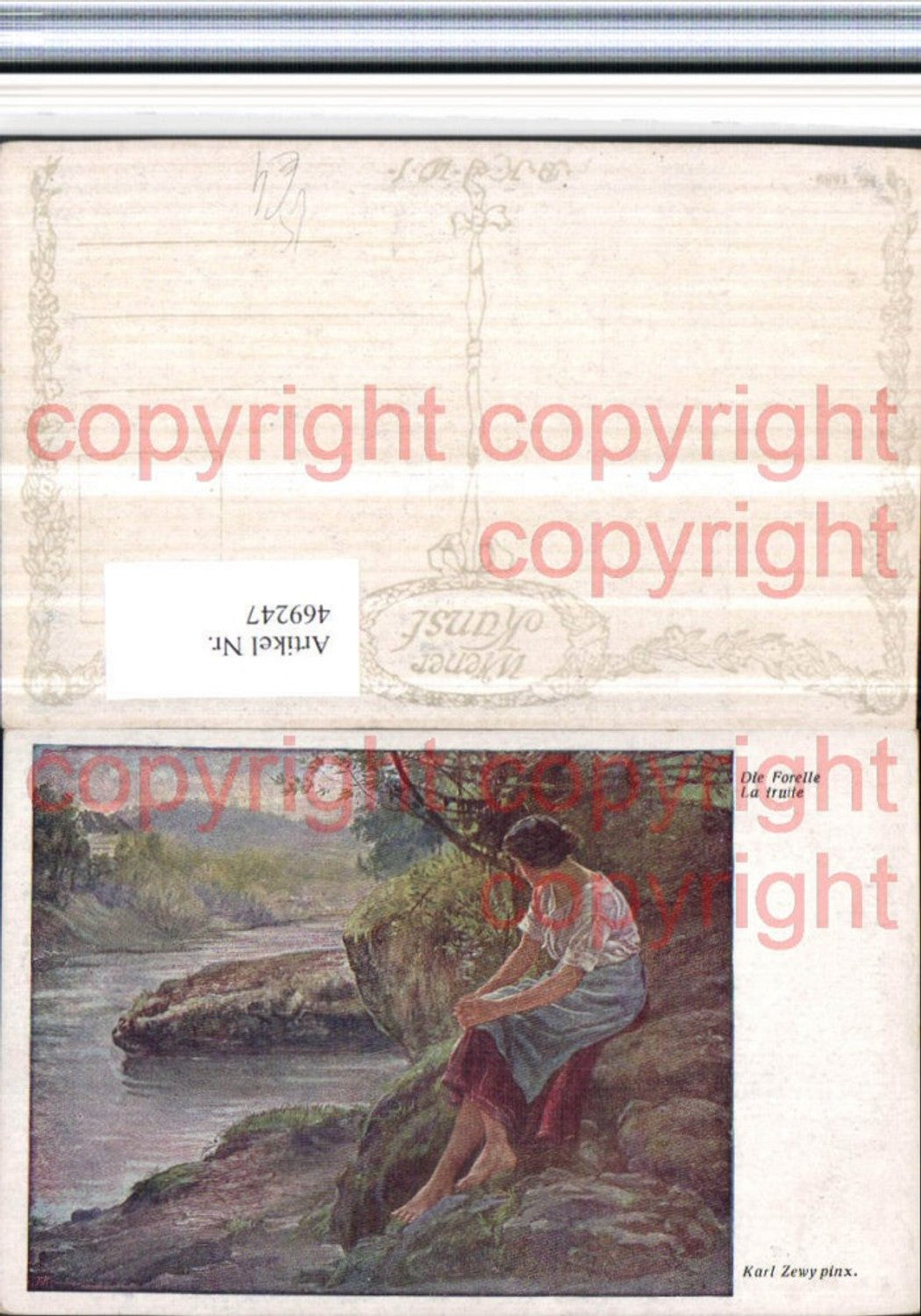 469247,Künstler AK Karl Zewy Die Forelle Frau Ufer Fluss pub B.K.W.I. 1589