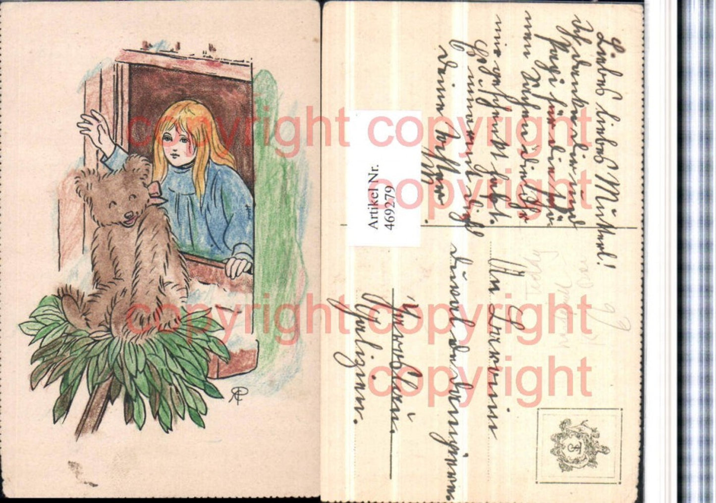 469279,Künstler AK Handgemalt Kind Mädchen Teddy Bär Fenster