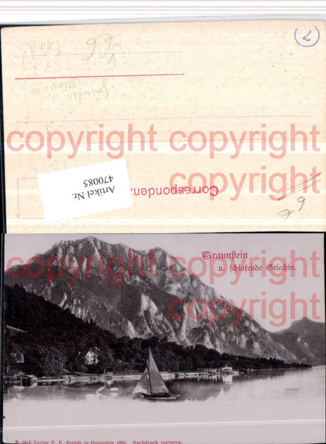 470085,Foto AK Gmunden Traunstein Bergkulisse Segelboot pub F.E. Brandt