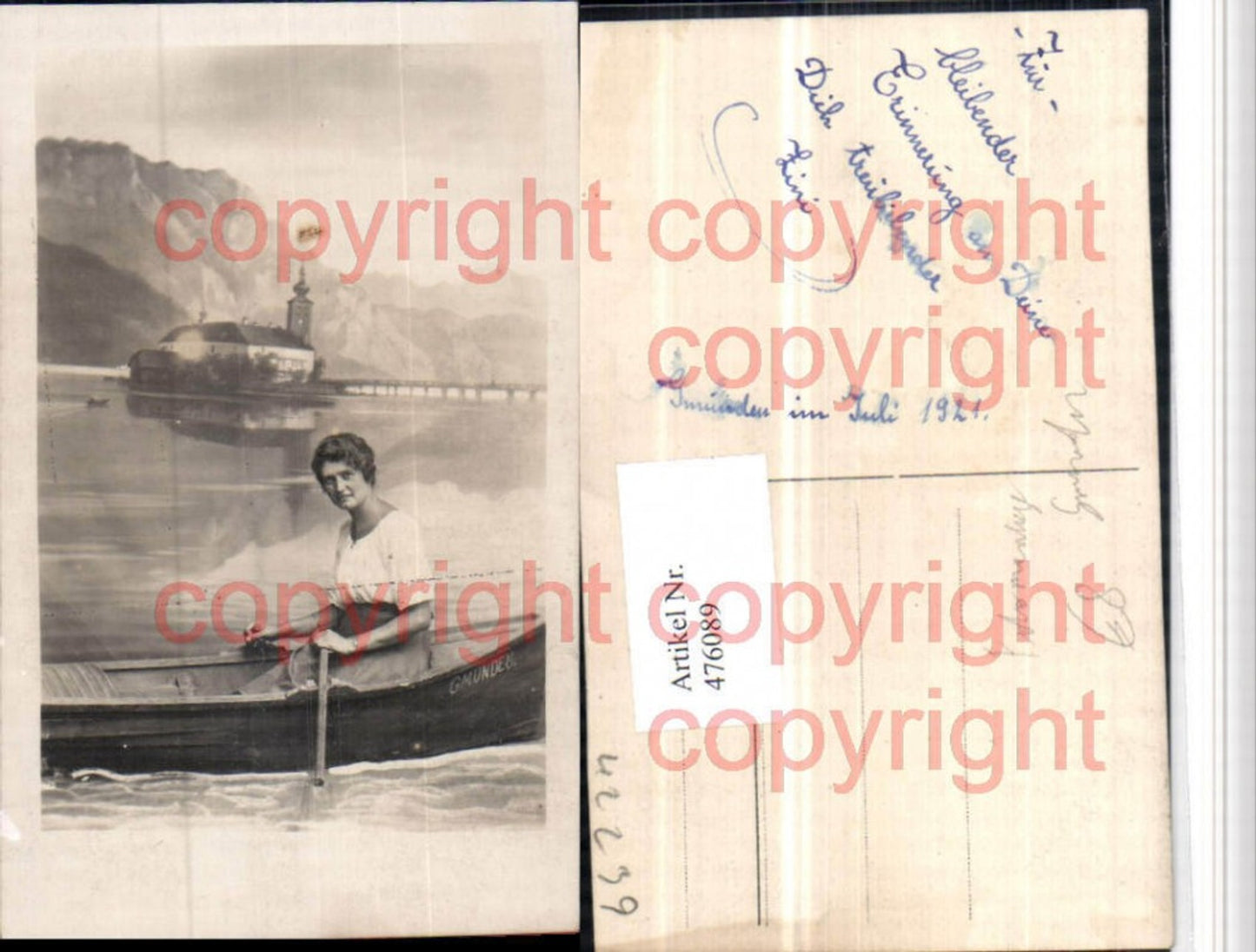 476089,Foto AK Gmunden Fotomontage Schloss Ort Orth Frau Ruderboot