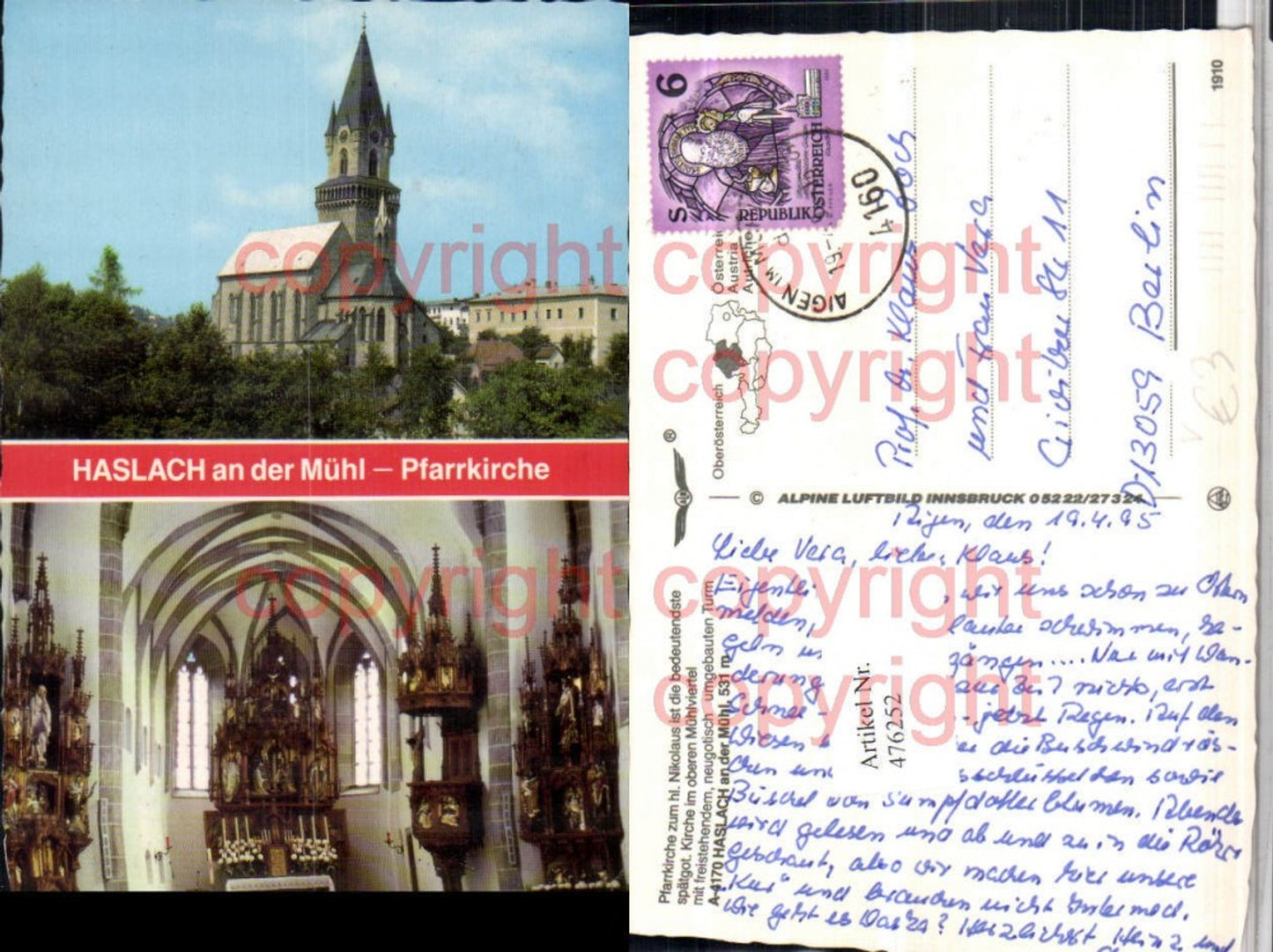 476252, Haslach an der Mühl Church Multi-image postcard Alpine aerial photograph 1910