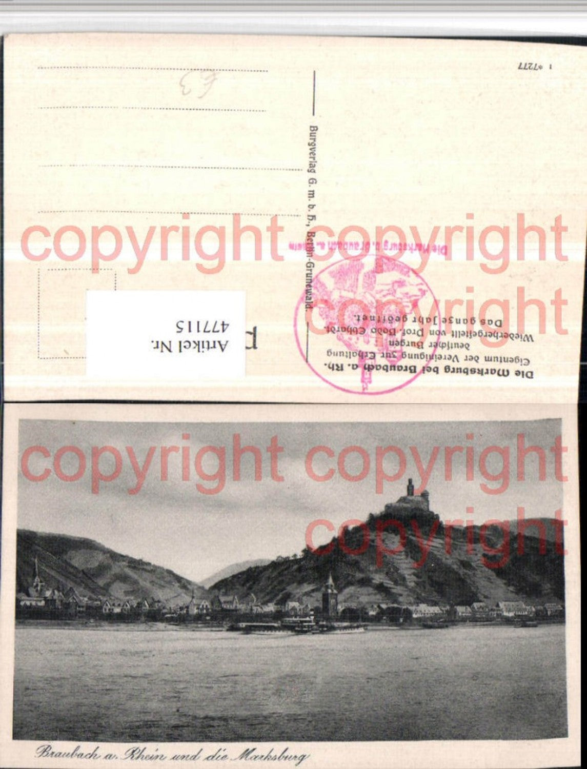 477115,Braubach am Rhein Totale m. Marksburg Burg Dampfer