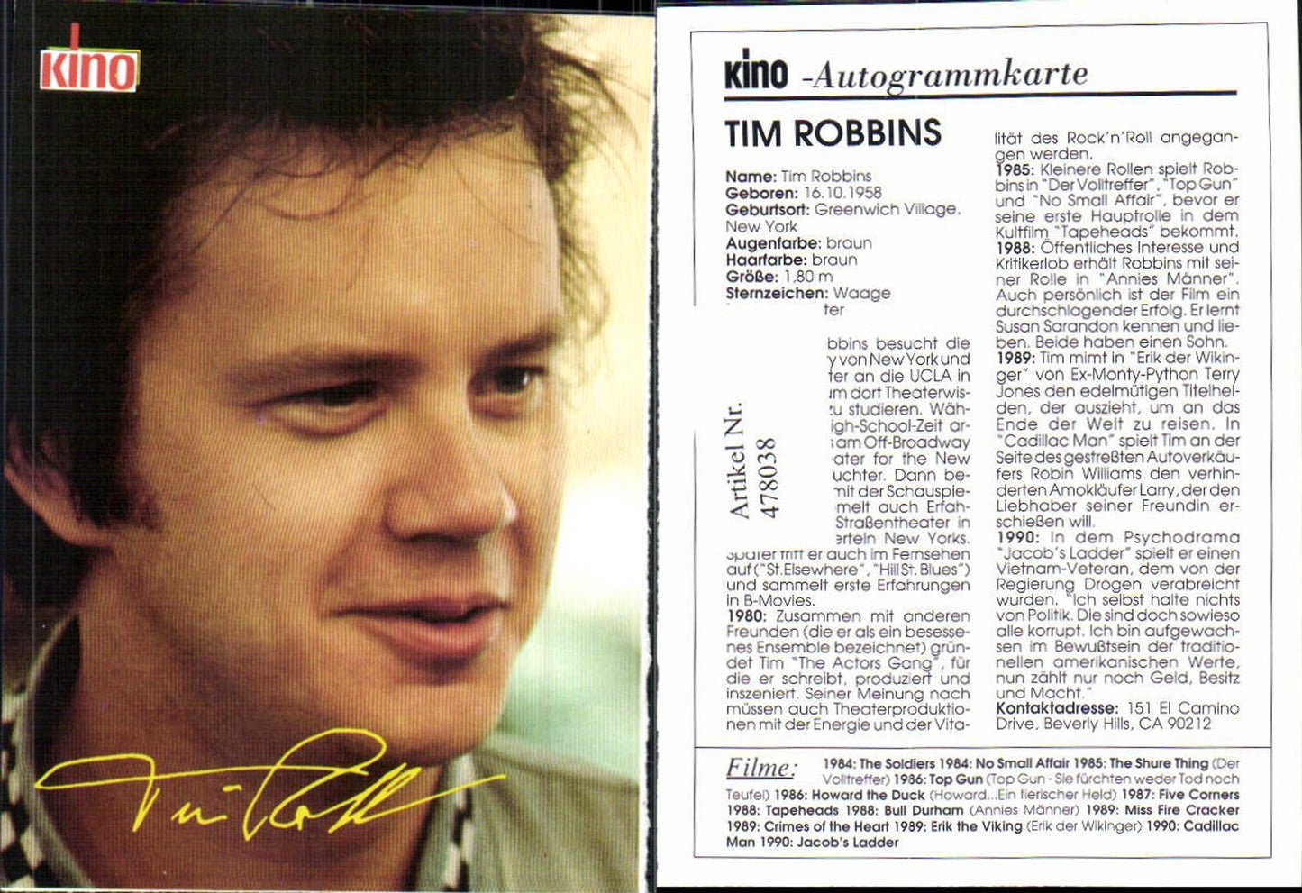478038,Schauspieler Tim Robbins Kino-Autogrammkarte