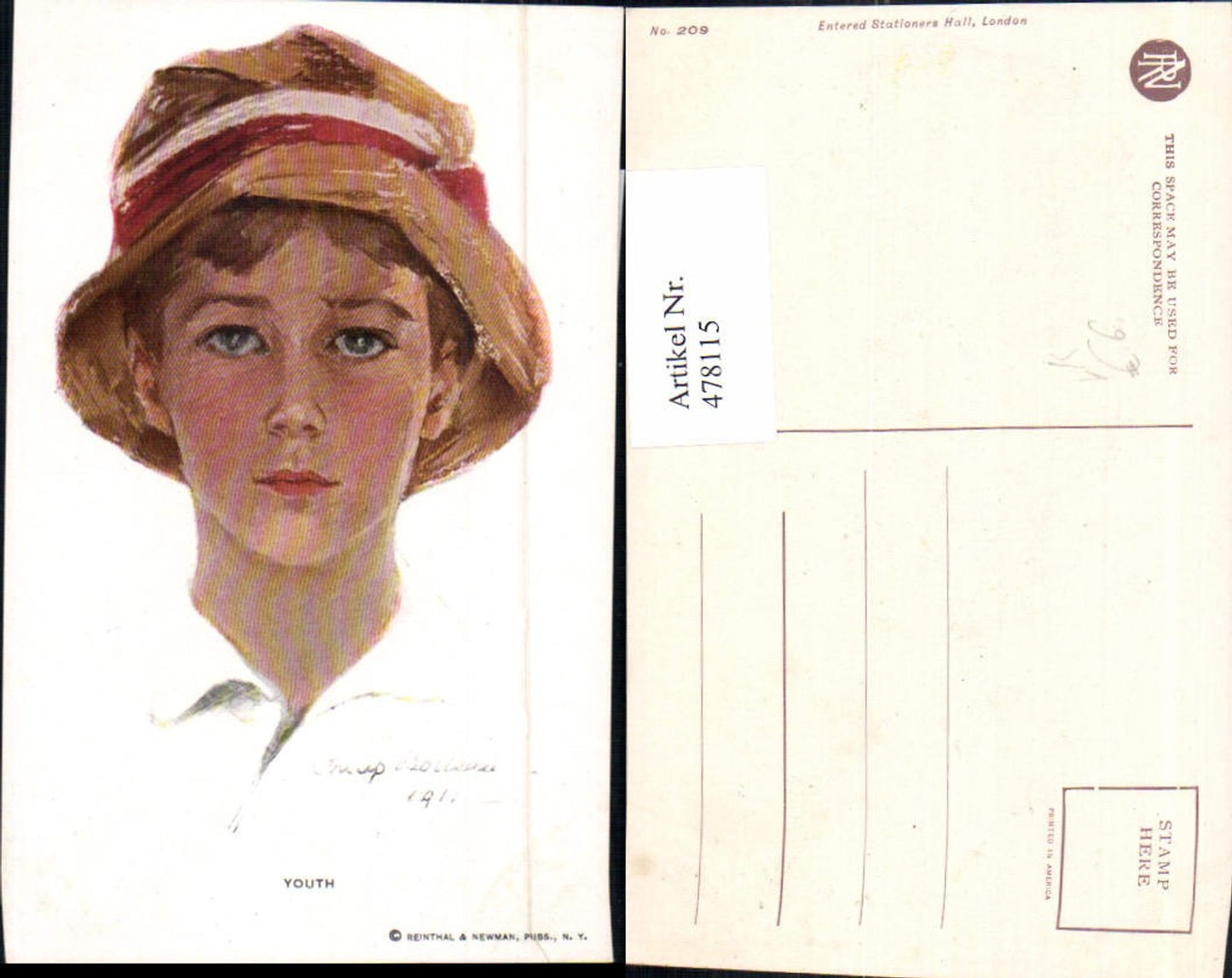 478115,Künstler Ak Philip Boileau Youth Junge Frau Hut Glamour pub Reinthal & Newmann 209