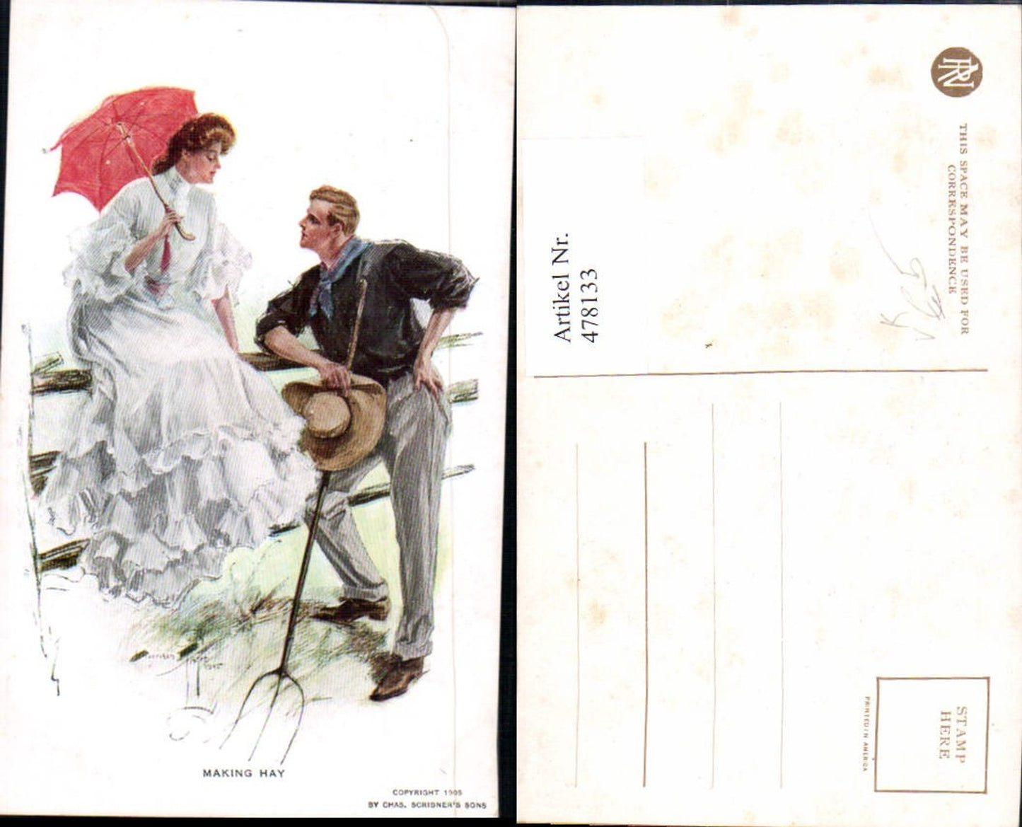 478133,Künstler Ak Paar Liebe Schirm Heugabel Making Hay pub Reinthal & Newmann