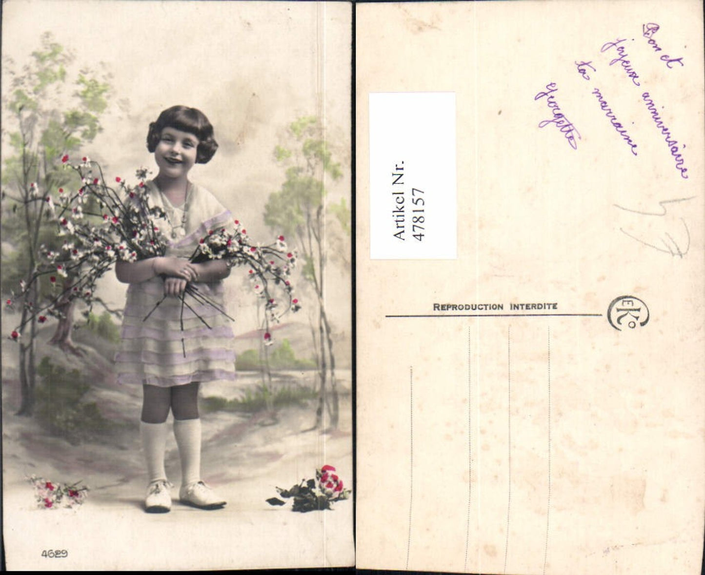 478157,Foto Ak Kind Mädchen m. Blütenzweige Blumen