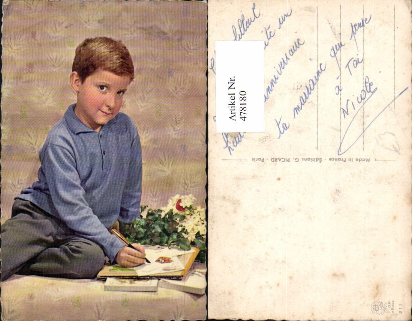 478180, Child Boy Writing Book Flowers