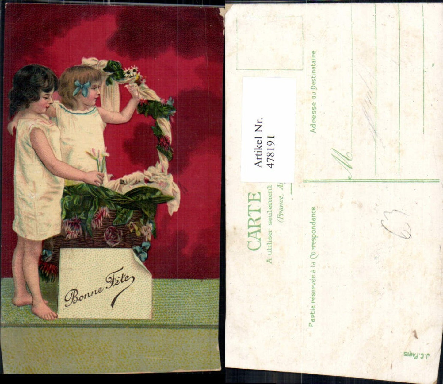 478191,Kinder Mädchen m. Korb Blumen Bonne Fete