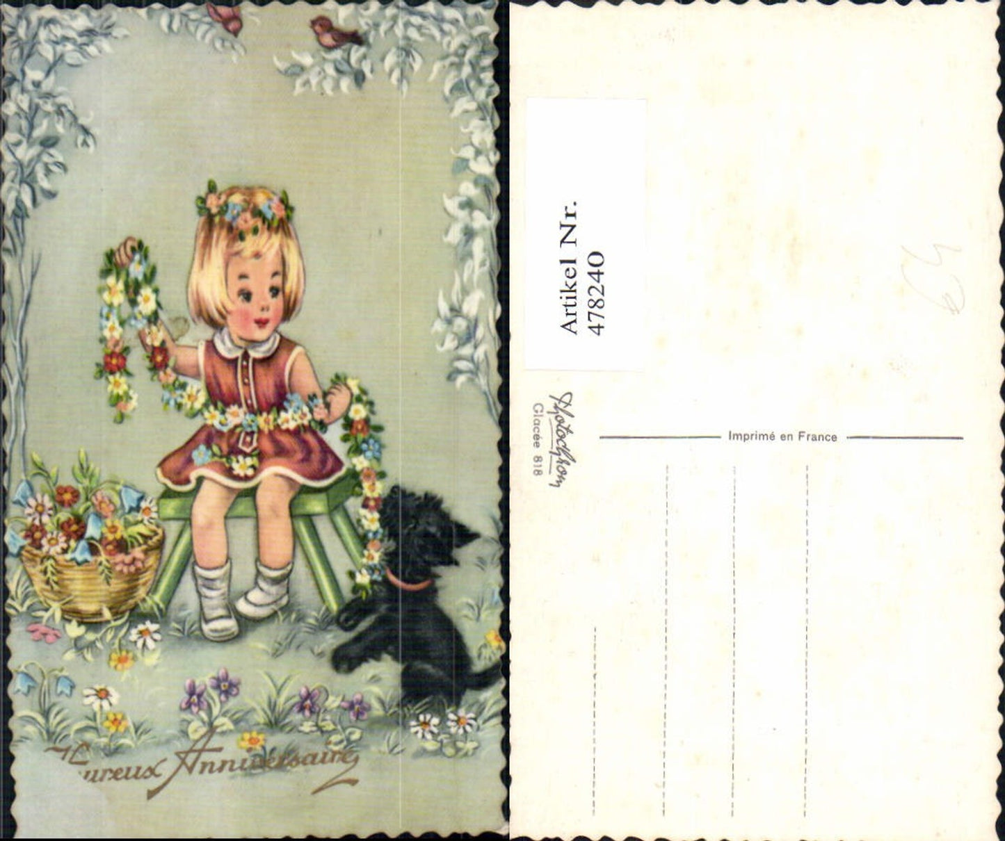478240,Künstler Ak Kind Mädchen Hund Blumen Blumenkette