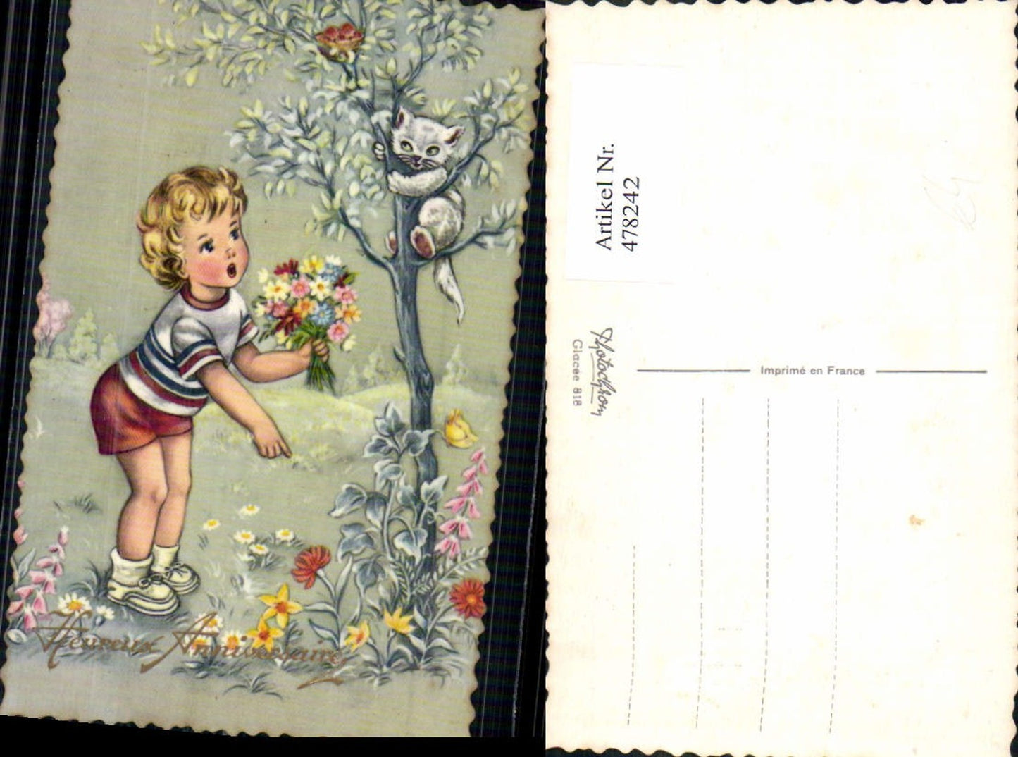 478242,Künstler Ak Kind Bub Junge Katze a. Baum Blumenstrauß Blumen
