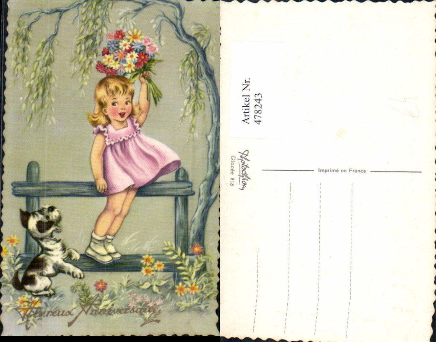 478243,Künstler Ak Kind Mädchen Hund Blumenstrauß Blumen