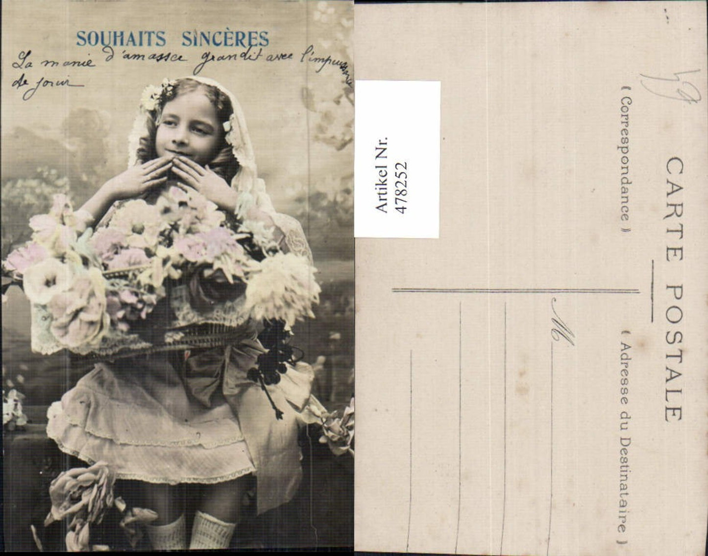 478252,Kind Mädchen Lockenkopf m. Schleier Korb m. Blumen Souhaits Sinceres