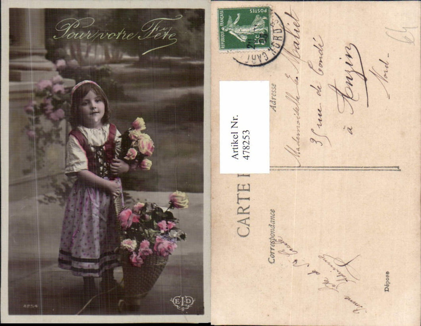 478253,Kind Mädchen Tracht Kopftuch Korb m. Blumen Rosen