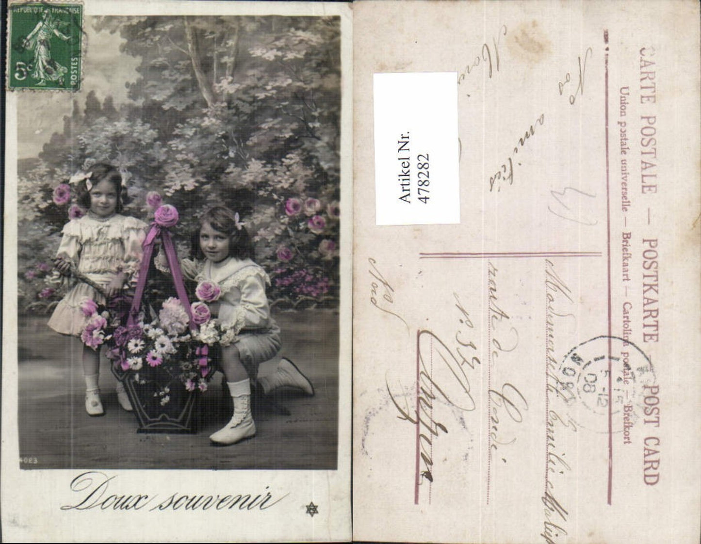 478282,Kinder Bub in Uniform Matrosenanzug Korb m. Blumen