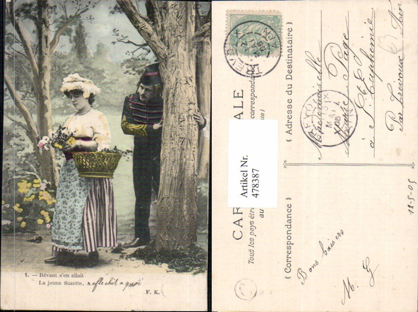 478387,Paar Soldat Liebe Korb m. Blumen Revant s en allait La jeune Suzette