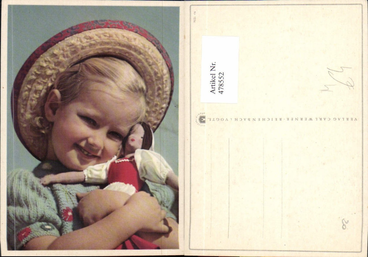 478552, Child Blonde Girl Hat with Doll