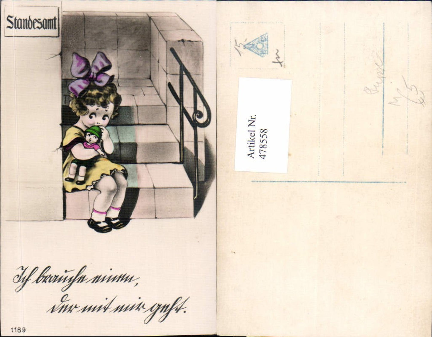 478558,Künstler Ak Mädchen Kind Puppe a. Stufen Standesamt Spruch