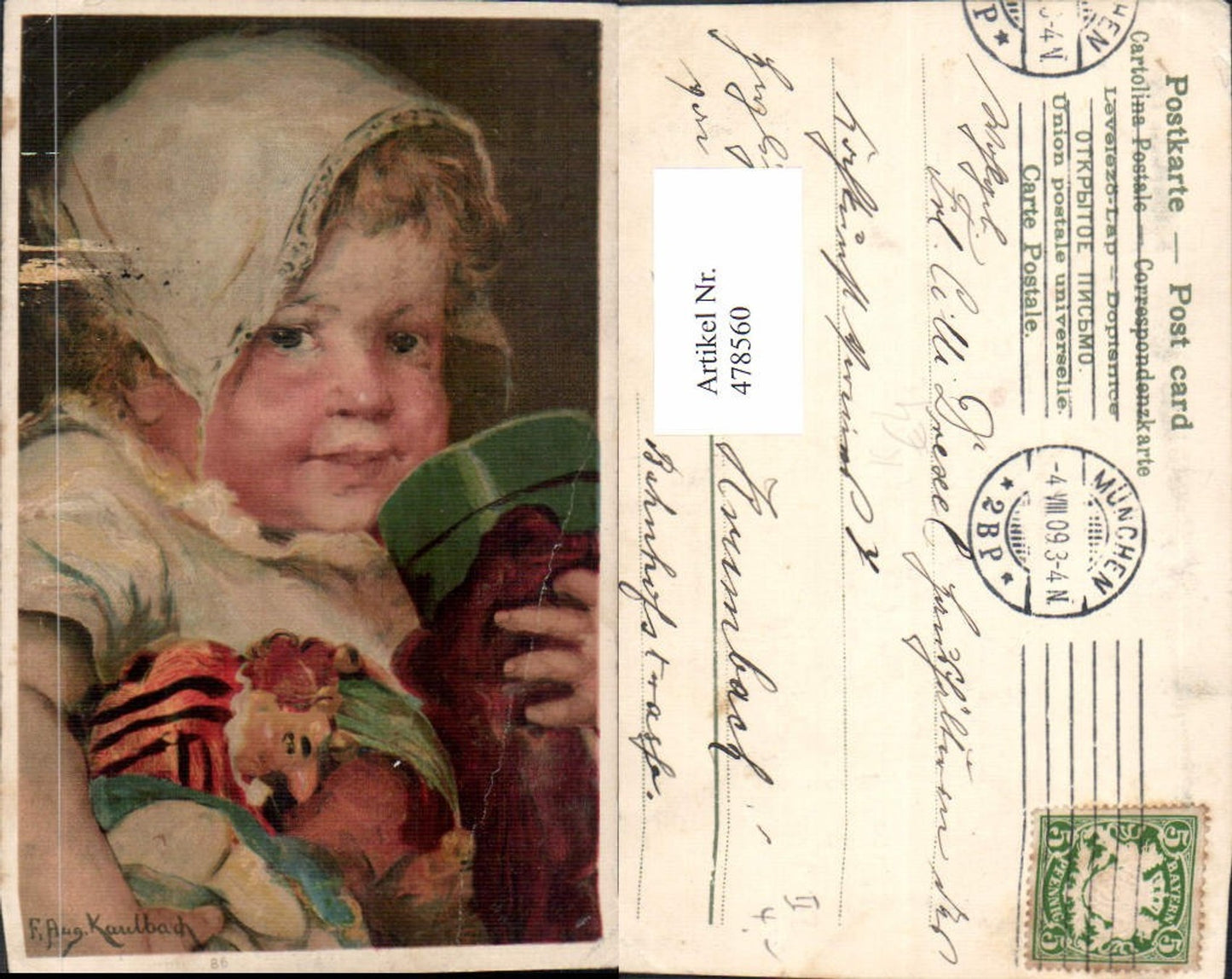 478560,Künstler Ak F. A. Kaulbach Mädchen Kind m. Puppe