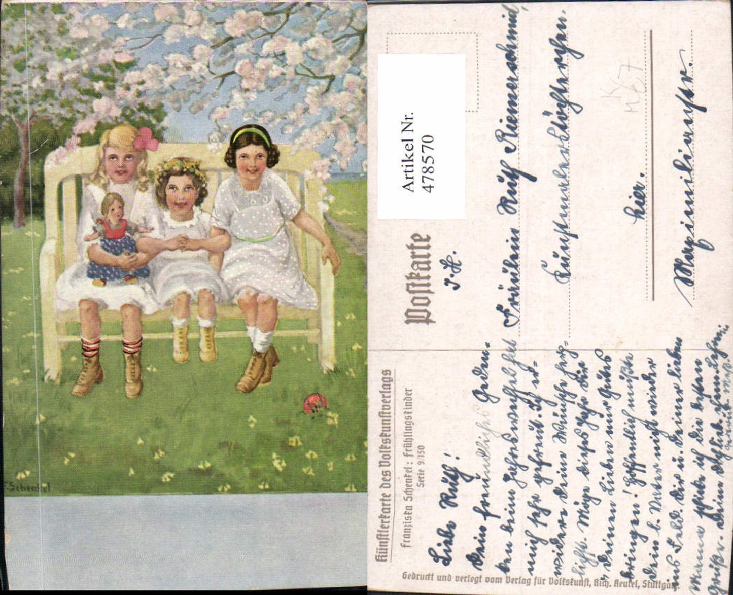 478570,Künstler Ak Franziska Schenkel Frühlingskinder Kinder Mädchen m. Puppe