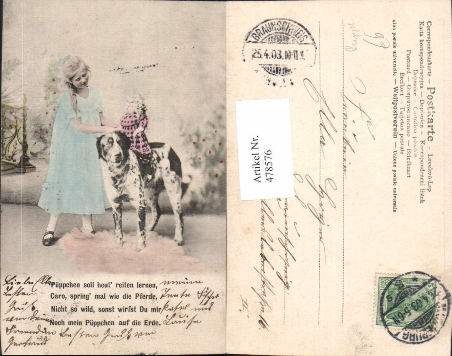 478576,Kind Mädchen Haarschleife Puppe reitet auf Hund Spruch