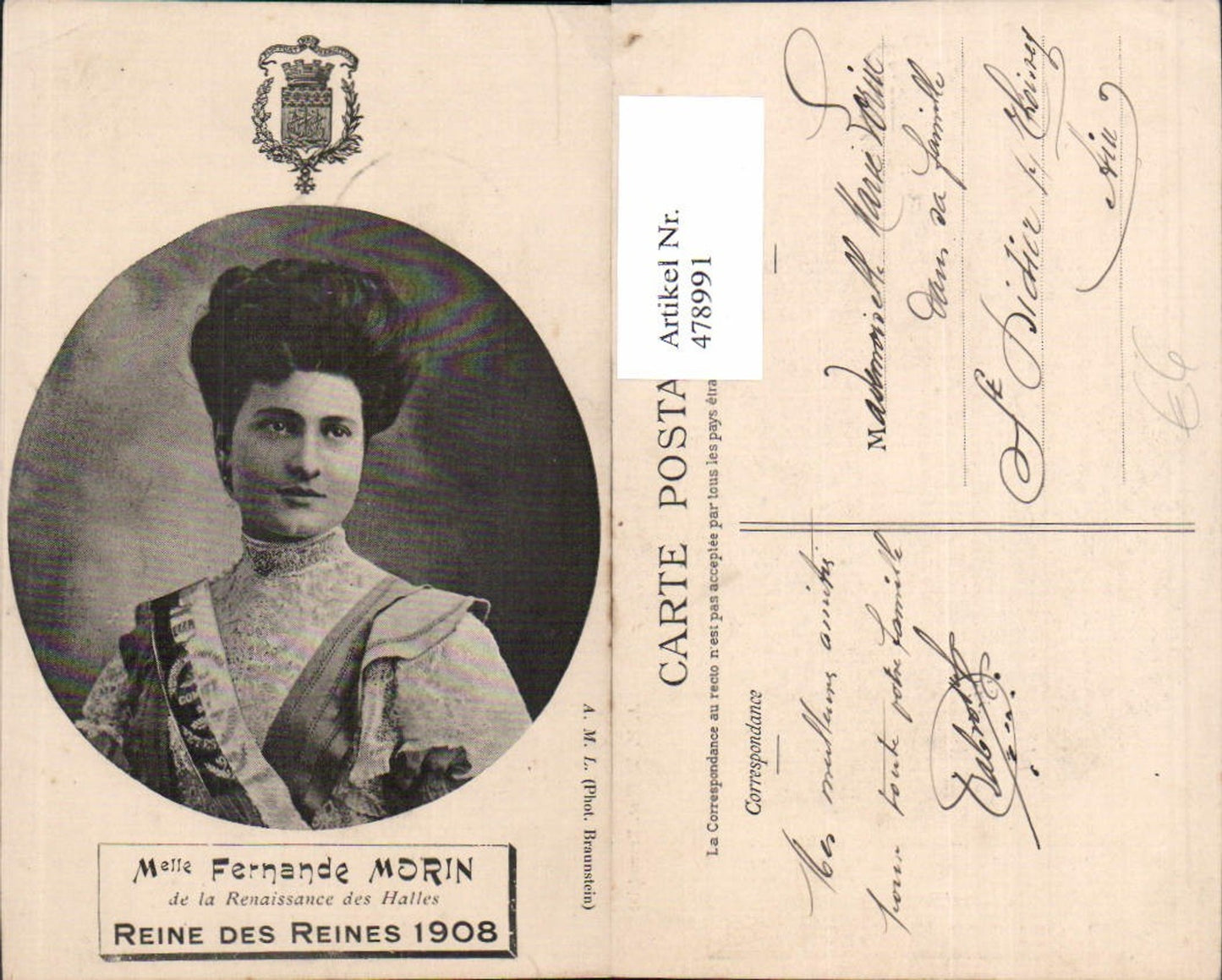 478991,Frau Melle Fernande Morin Reine des Reines 1908 Schönheitskönigin
