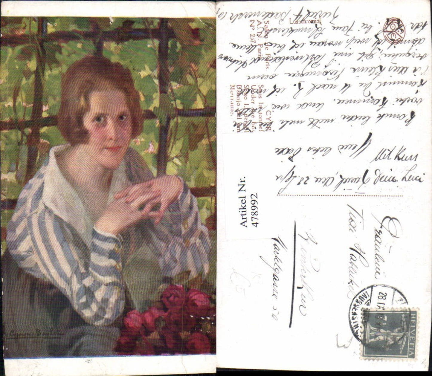 478992,Künstler Ak Cyprien Boulet Under the bower Frau Blumen Rosen