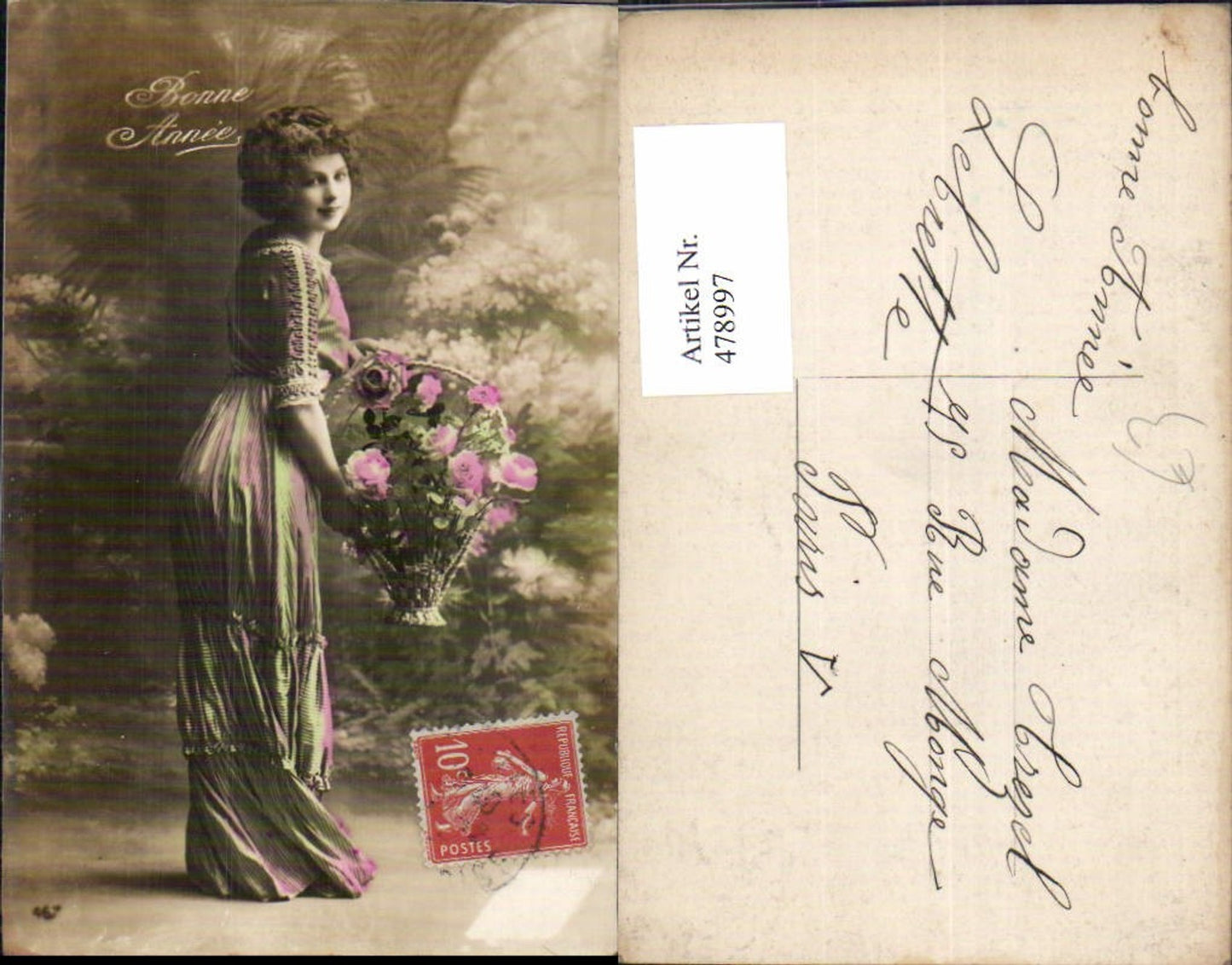 478997,Foto Ak Frau Kleid Korb m. Blumen Rosen Bonne Annee