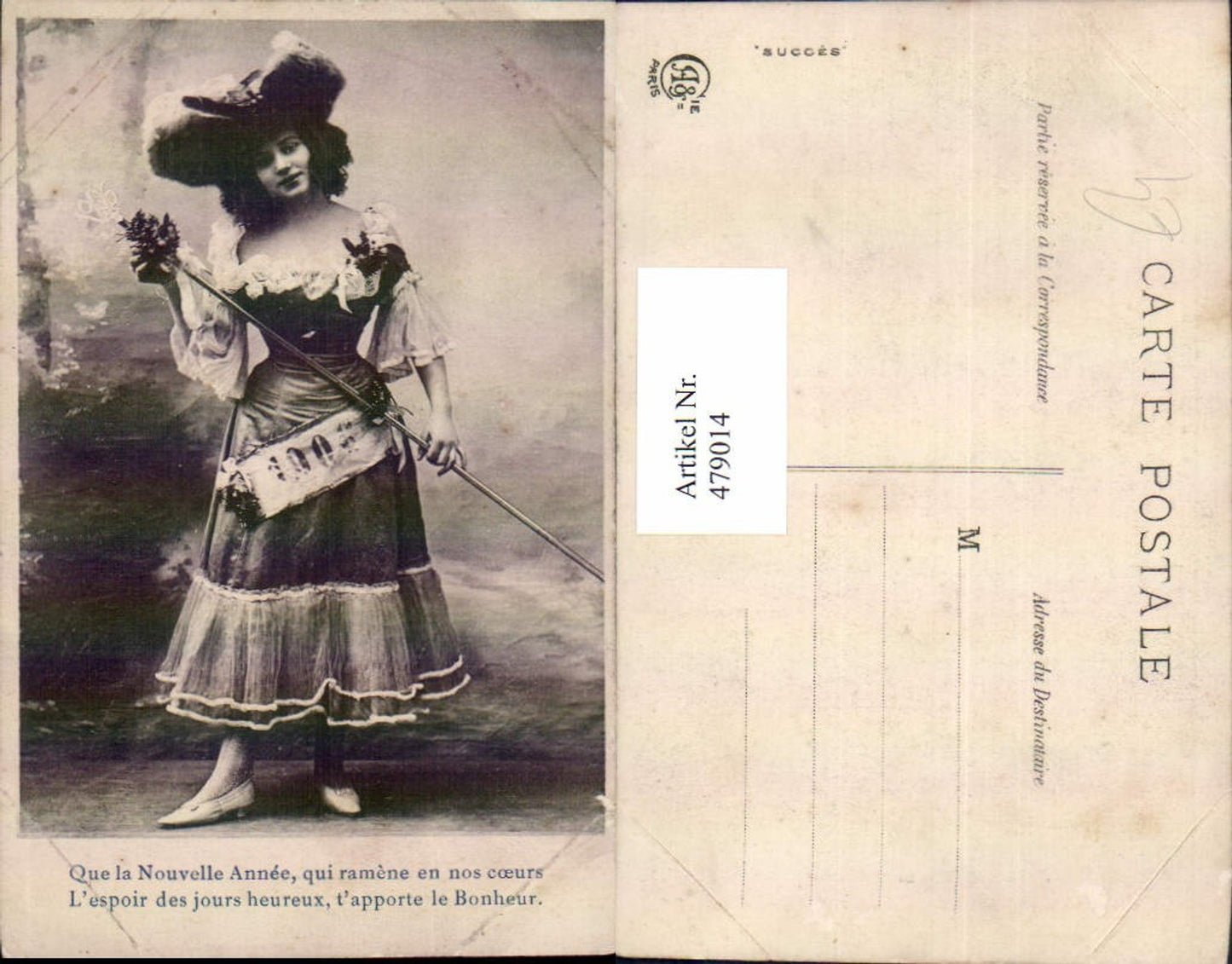 479014,Frau Kleid Hut Stab 1906 Neujahr Spruch