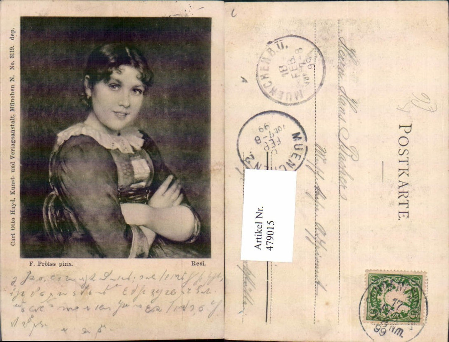 479015,Künstler Ak F. Prölss Resi Frau Portrait