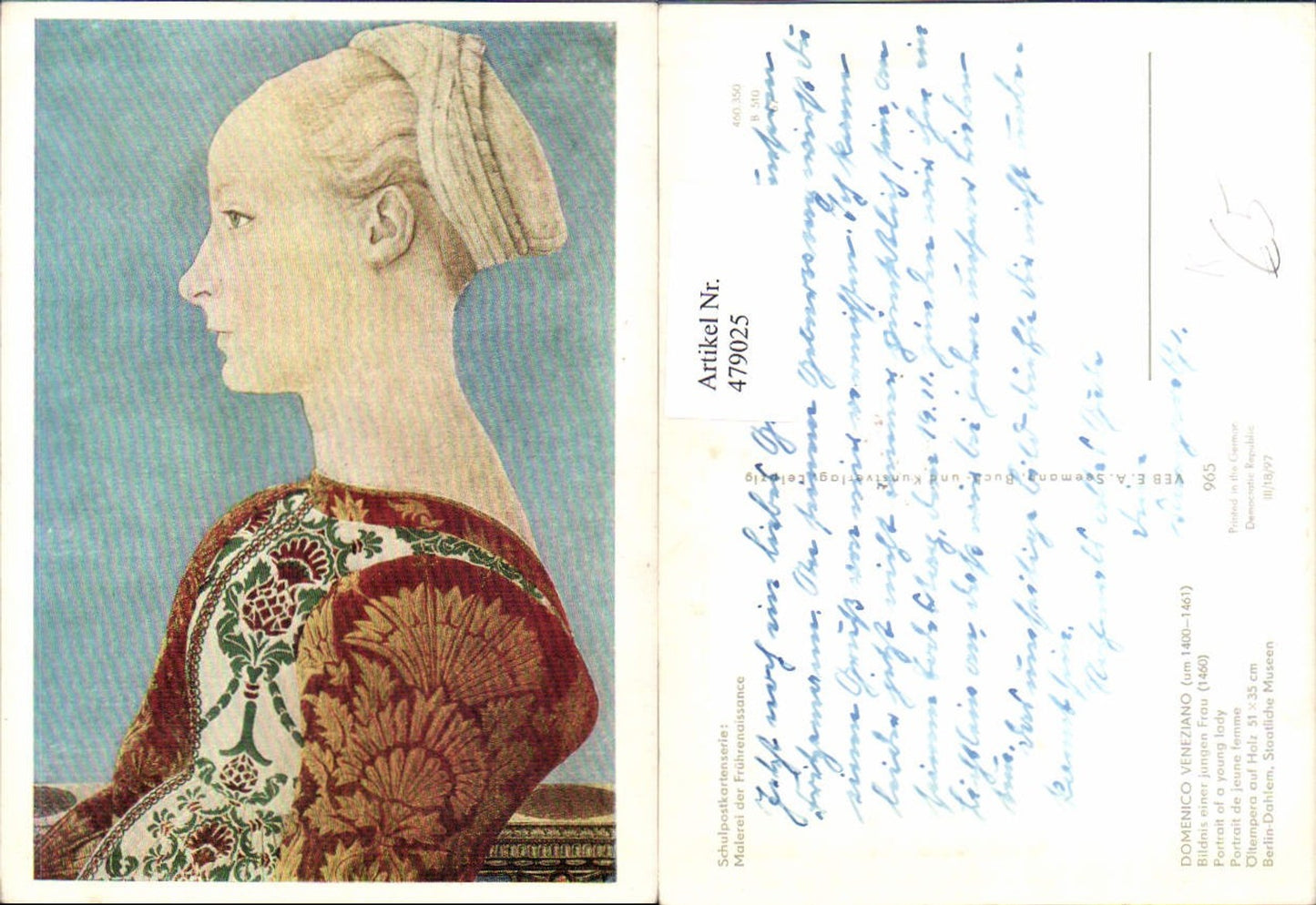 479025,Künstler Ak Domenico Veneziano Bildnis einer jungen Frau Frührenaissance