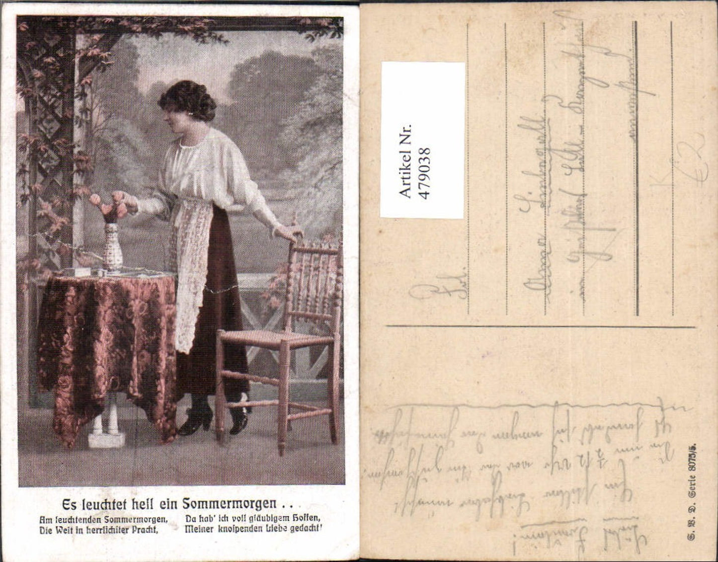 479038,Künstler Ak Frau b. Tisch stehend Blumenvase Es leuchtet hell ein Sommermorgen