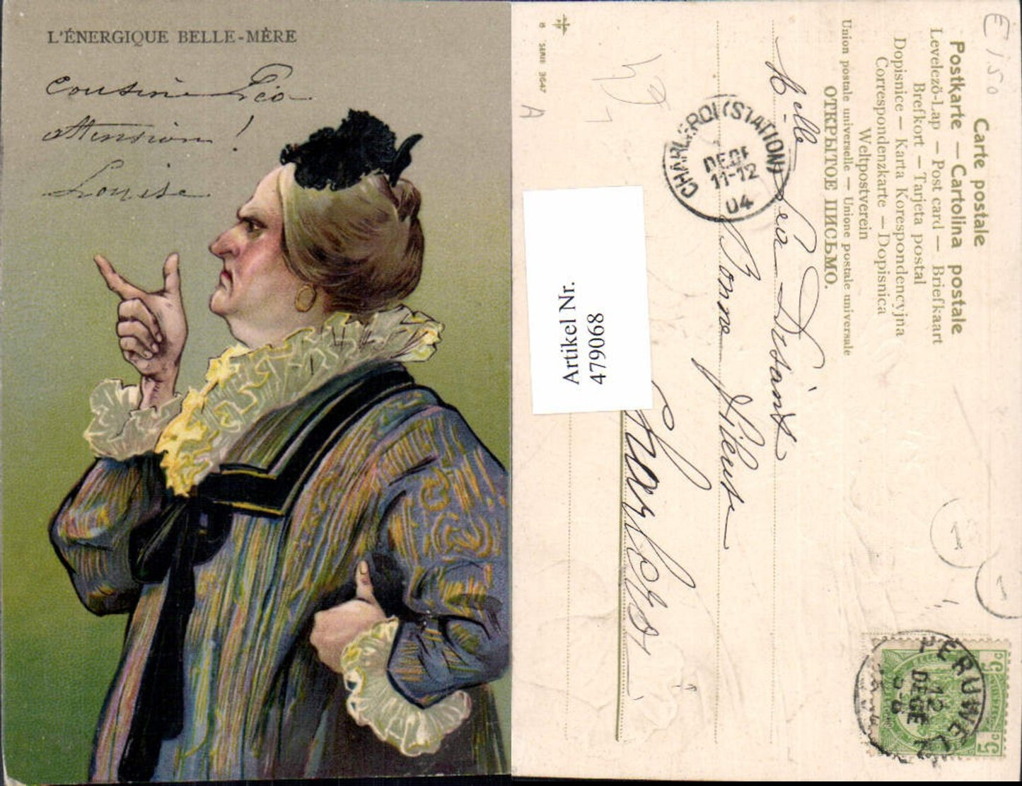 479068,Präge Litho Alte Frau Kopfschmuck L energique Belle-Mere