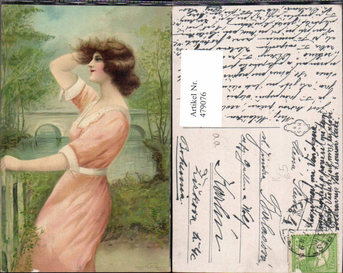 479076,Künstler Ak Cress Woollett Frau Kleid v. Brücke Landschaft